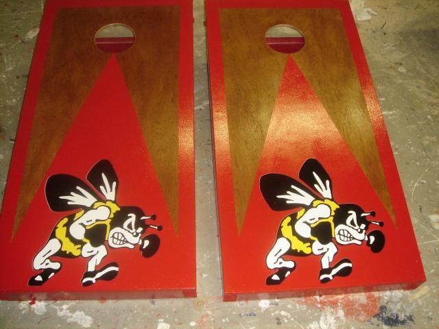 Custom Logo Corn Hole Boards and Bags with Natural Stained Background, Custom Logo, and Painted Border Custom Logo Corn Hole Boards and Bags with Natural Stained Background, Custom Logo, and Painted Border